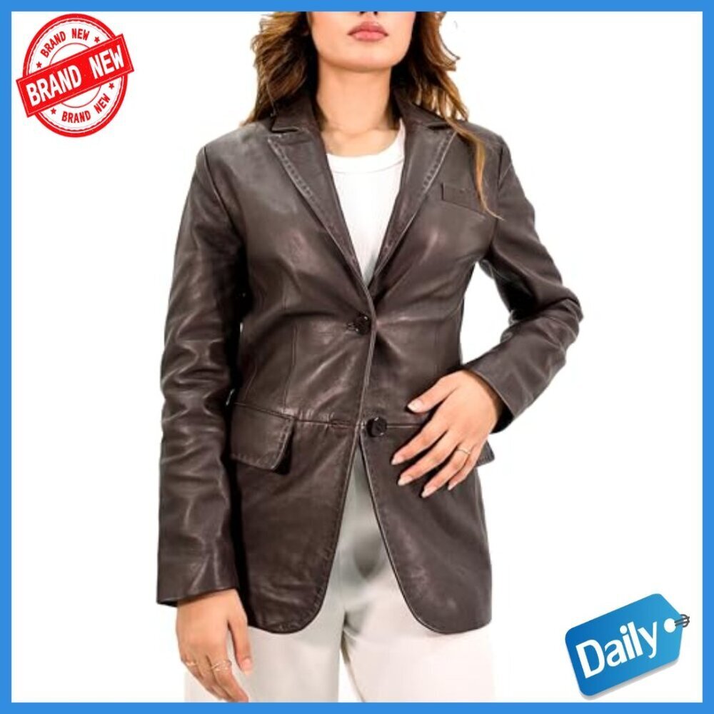 Genuine Leather Blazer Jacket Women Tailored Fit Notch Lapel Button Front - Picture 2 of 5